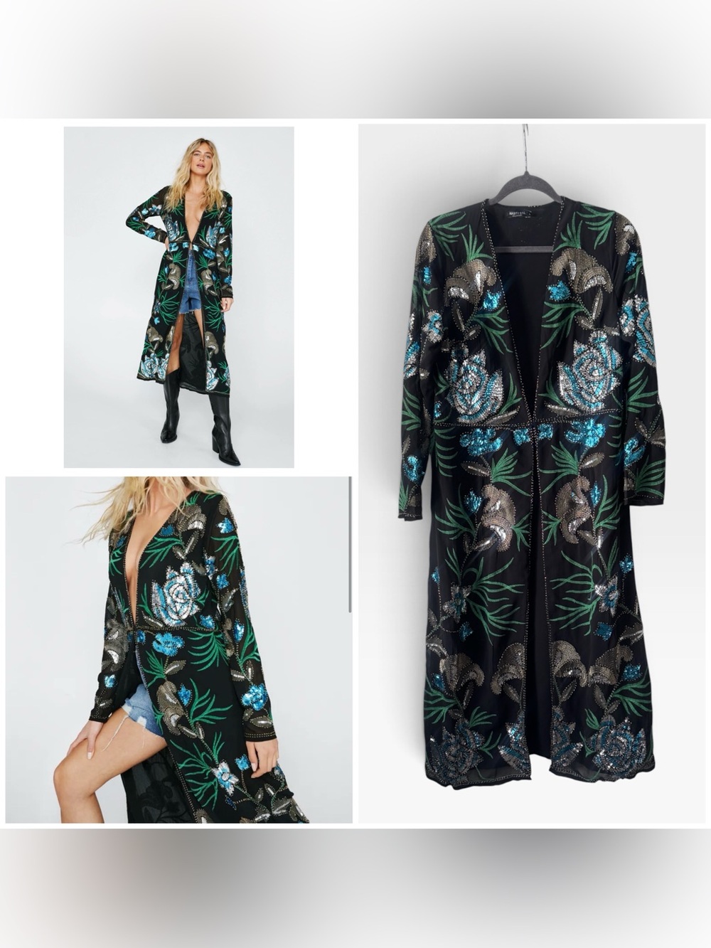 Nasty Gal Sequin Embellished Floral Longline Kimono - Large